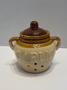Earthenware Vintage Dark Brown Drip Glaze Garlic Pot ceramic Grandmacore Granny
